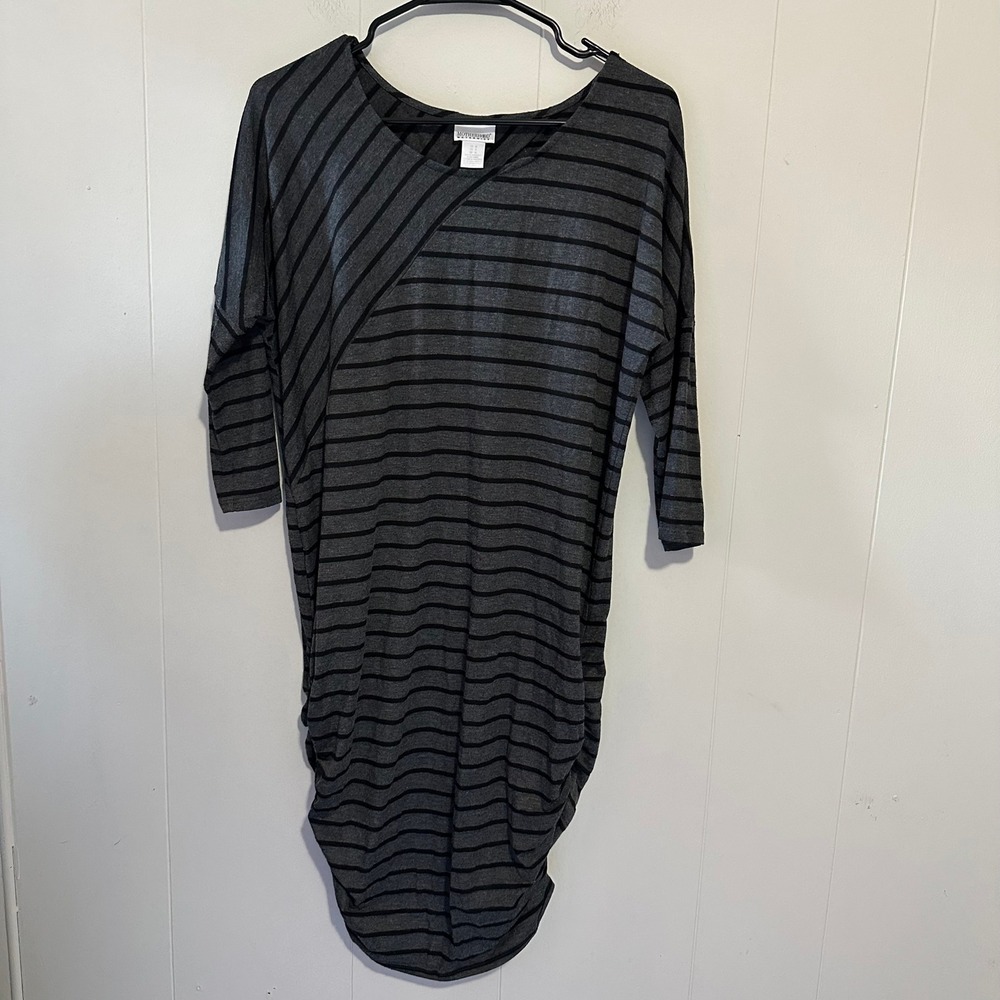 Motherhood Maternity‎ Gray Black Striped Ruched Side Dress Size M 3/4 Sleeve